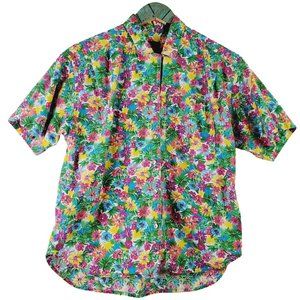 Vintage LizSport Petite Neon Floral Silver Button Summer Blouse, Sz PM